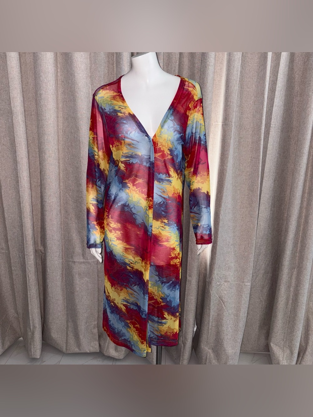 LOVE SZ 1X open Multicolor sheer mesh Long Sleeve cardigan, duster tie- dye